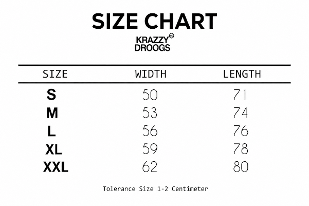 KRAZZYDROOGS.50 Size Chart — S to XXL